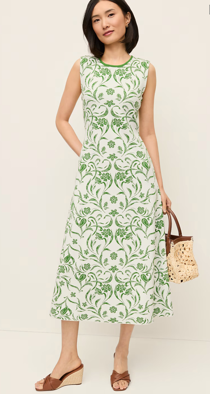 NEW ANN TAYLOR PALM GREEN FLORAL JACQUARD SWEATER MIDI DRESS SZ S